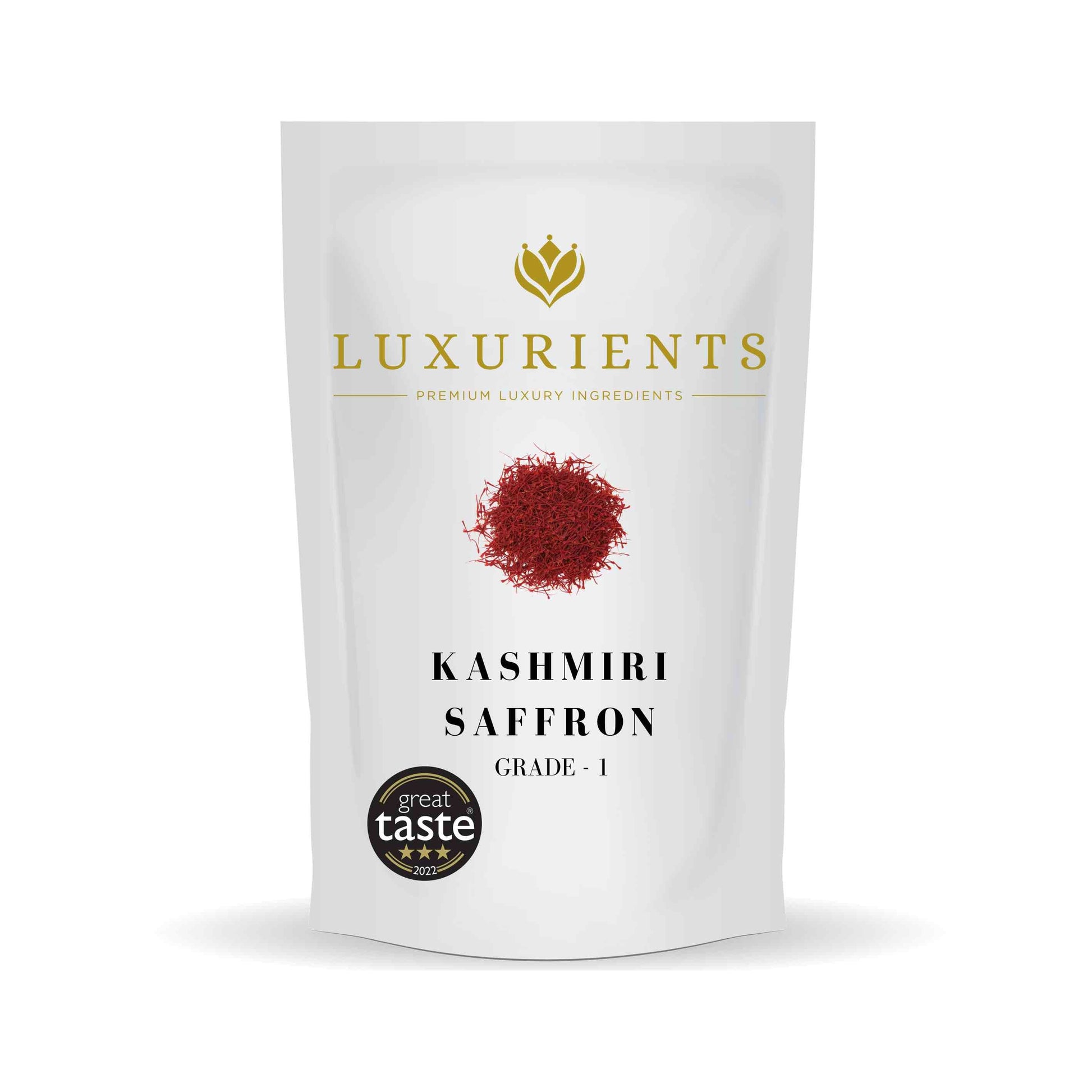 Package of Luxurients Kashmiri Saffron, Grade-1, with a great taste award sticker.