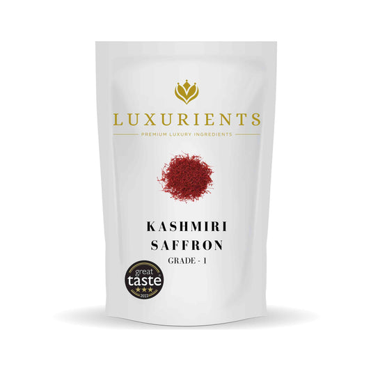 Package of Luxurients Kashmiri Saffron, Grade-1, with a great taste award sticker.